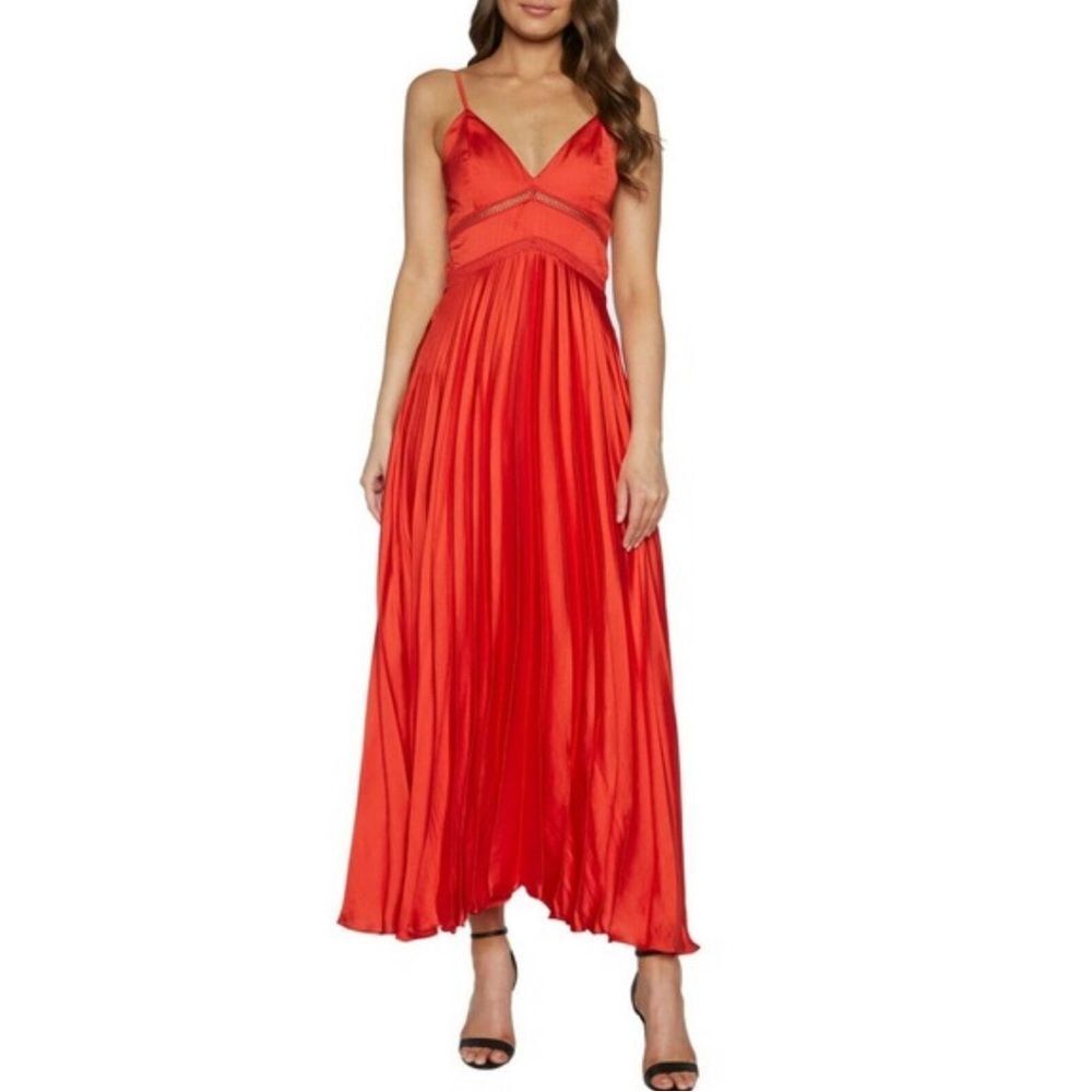 Bardot Red Satin Pleated Lattice Maxi Gown Formal Evening Dress Size 4